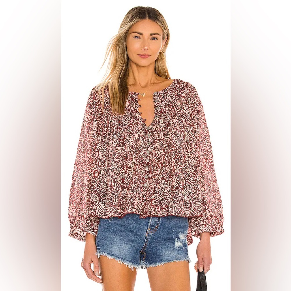 We Free People Cool Meadow Printed Sweet Cranberry Cotton Tunic Top